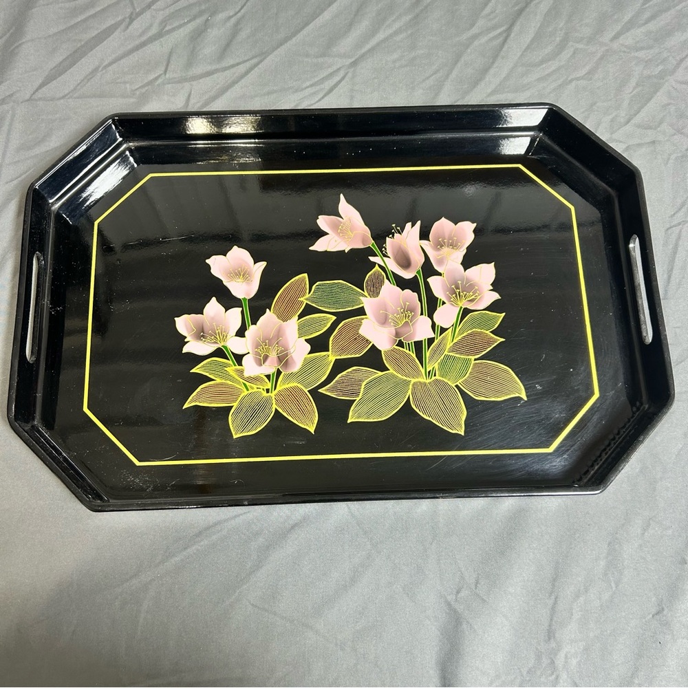 Vintage Lacquerware Japanese Plastic Serving Tray MCM Black Floral 19x12x2